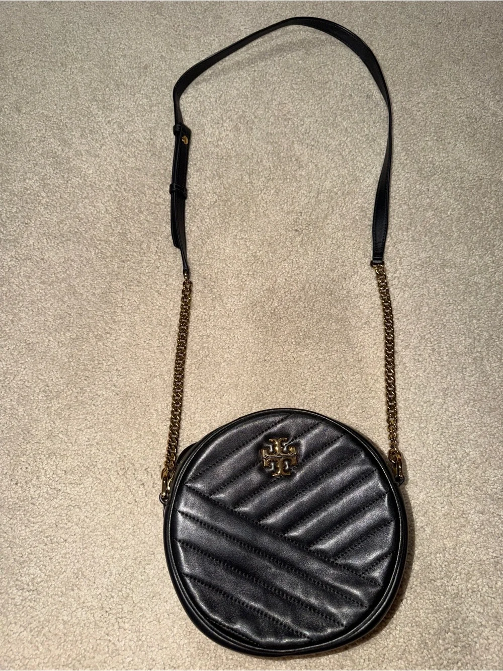Tory Burch Black Quilted Leather Round Crossbody with Gold Logo